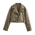 Army green vintage faux leather biker jacket with asymmetric zipper and adjustable belt - S / Green