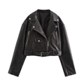Women's black washed faux leather biker jacket with asymmetric zipper and adjustable belt - S / Black