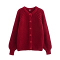 Dames vest in rood grof gebreid met ronde hals en bijpassende knopen aan de voorkant - S / Bordeauxrood