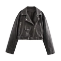 Women's black cropped faux leather biker jacket with vintage wash belt and silver zippers - S / Gray