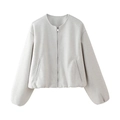 Giacca casual da donna in pile grigio chiaro con cerniera lampo e scollo rotondo - XS / Bianco latte