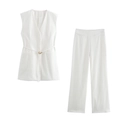 Detail of white waistcoat set showing gold buckle belt and smooth formal fabric - White Zirconia Set