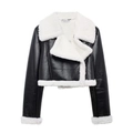 Women's black faux leather jacket with white faux shearling collar and cuffs - XS / Black