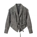 Veste vintage femme en daim gris foncé avec ceinture nouée et détails à lacets croisés - S / Gris