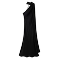 Detail of elegant black satin halter dress featuring pleated neckline and draped silhouette - Black