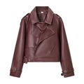 Veste motard vintage en similicuir bordeaux avec col à revers et ceinture à la taille - S / Rouge Foncé