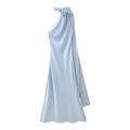 Detail of the light blue satin neck tie and elegant draped fabric of the midi dress - Sky Blue