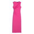 Sleeveless rose pink midi dress with elegant asymmetrical pleats on smooth fabric - XS / Rose Red