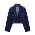 Close-up of dark blue cropped denim jacket with chest pockets and stitch details - Dark Blue
