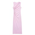 Detail of ruched waist detailing on light mauve sleeveless midi dress with smooth draping - XS / Lotus root pink