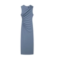 Detail view of the elegant ruched draping on a sleeveless dusty blue midi dress - XS / Navy Blue