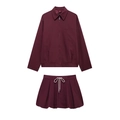 Deep burgundy two-piece set featuring a zipper jacket and pleated drawstring skort - XS / Wine Red Set