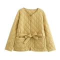 Senfgelbe gesteppte Damenjacke mit Rautenmuster und verstellbarem Bindegürtel für Herbst - XS / Ingwergelb