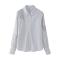 Camicia a righe blu da donna con ricamo piuma argento su spalla e maniche lunghe - XS / A righe