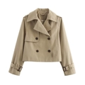 Korte kaki trenchcoat met dubbele rij knopen voor dames met reverskraag en schouderbanden - S / Khaki