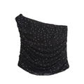 Women's black one-shoulder rhinestone top with ruched texture and sparkling details - S / Tops / Black