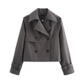 Korte donkergrijze dames trenchcoat met dubbele knopenrij en gespen op de mouwen - S / donkergrijs