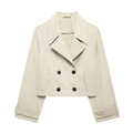 Women's beige double-breasted cropped trench jacket with lapel collar and dark buttons - XS / Apricot