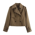 Korte double-breasted kaki trenchcoat voor dames met revers en schouderbandjes erop - S / tan