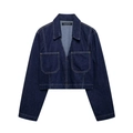 Chemise courte en jean bleu foncé pour femme avec manches longues et poches cargo - XS / Bleu foncé