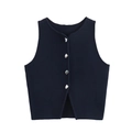 Gilet in maglia blu scuro da donna con bottoni metallici argentati e scollo rotondo - S / Blu navy