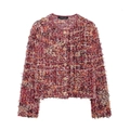 Fashionable red textured tweed cardigan with golden buttons and fringe details - S / Multicolor