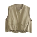 Detail of khaki cargo vest showing front zipper, flap pockets and elastic hem - S / Khaki