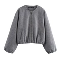 Macro view of grey soft fabric texture and zipper detail on bomber jacket - XS / Gray