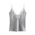 Haut caraco élégant en satin argenté avec bordure en dentelle blanche et col en V - XS / Gris