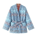 Detail of quilted paisley print jacket with intricate floral pattern and waist tie - S / Light Blue Floral