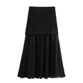 Detail of A-line black midi skirt featuring contrast pleated tulle hem and woven fabric - Black Dress / S