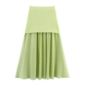 Detail of light green pleated maxi skirt with a seamless high-waist patchwork design - Green Skirt / S