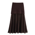 Detail of chocolate brown knit maxi skirt featuring a pleated chiffon patchwork hemline - Brown Skirt / S