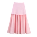 Detail of pink patchwork maxi skirt with pleated chiffon hem and high-waisted A-line cut - Pink Skirt / S