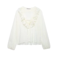 Elegante weiße Damenbluse mit V-Ausschnitt, Rüschen, Bindeband und langen Puffärmeln - XS / Weiß