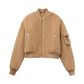 Women's khaki cropped bomber jacket with wool-like texture and metallic zippers - XS / Khaki