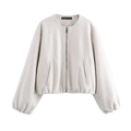 Women's minimalist light grey zip-up jacket in textured fabric with lantern sleeves - XS / White
