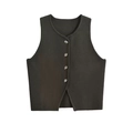 Gilet court noir sans manches chic avec boutons métalliques et encolure ronde épurée - S / Vert foncé