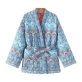 Chaqueta acolchada reversible para mujer con estampado paisley, cinturón y bolsillos - S / Azul Claro Floral
