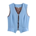 Gilet en jean bleu clair pour femme avec doublure léopard et boucles métalliques - S / Bleu clair