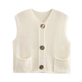 Damen Strickweste in Cremeweiß mit Hohllochmuster und Vintage-Knöpfen für den Herbst - S / Gebrochenes Weiß