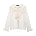 Elegante blusa de gasa color crema con volantes en capas y cuello con lazo - XS / Blanco Roto
