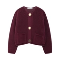 Detailed texture of burgundy open knit cardigan with three large gold buttons and pockets - Dark Red
