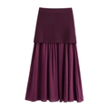 Elegant plum red high-waisted midi skirt with knitted panel and pleated chiffon fabric - Wine Red Skirt / S
