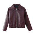 Women's burgundy faux leather jacket with lapel collar and metal zipper closure - XS / Burgundy