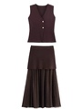 Women's deep reddish-brown knit vest and matching pleated maxi skirt two-piece set - S / Two-Piece Set (Vest + Skirt) / Brown Set