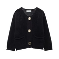 Women's black hollow knit cardigan with gold buttons and round neck in street style - S / Black