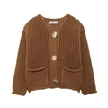 Women's brown crochet knit cardigan with hollow mesh texture and gold metal buttons - S / Brown