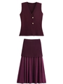 Women's dark purple knit vest and skirt set featuring gold buttons and v-neck design - Wine Red Set / S