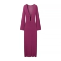 Robe longue en maille crochet violette avec col en V, manches évasées et boucle - S / Violet